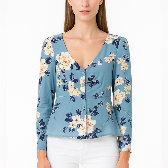 Yumi Kim blue silk blend button up floral top NWOT - Picture 1 of 8